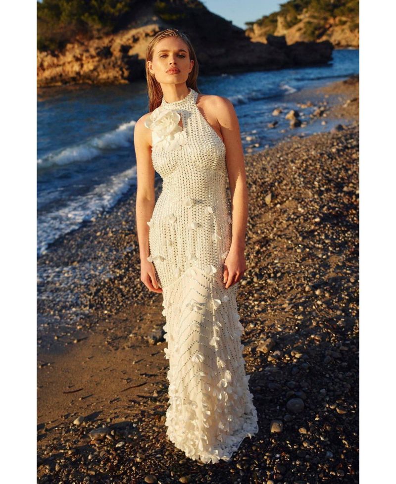 Women's Crystal Rosette Halter-Neck Maxi Dress