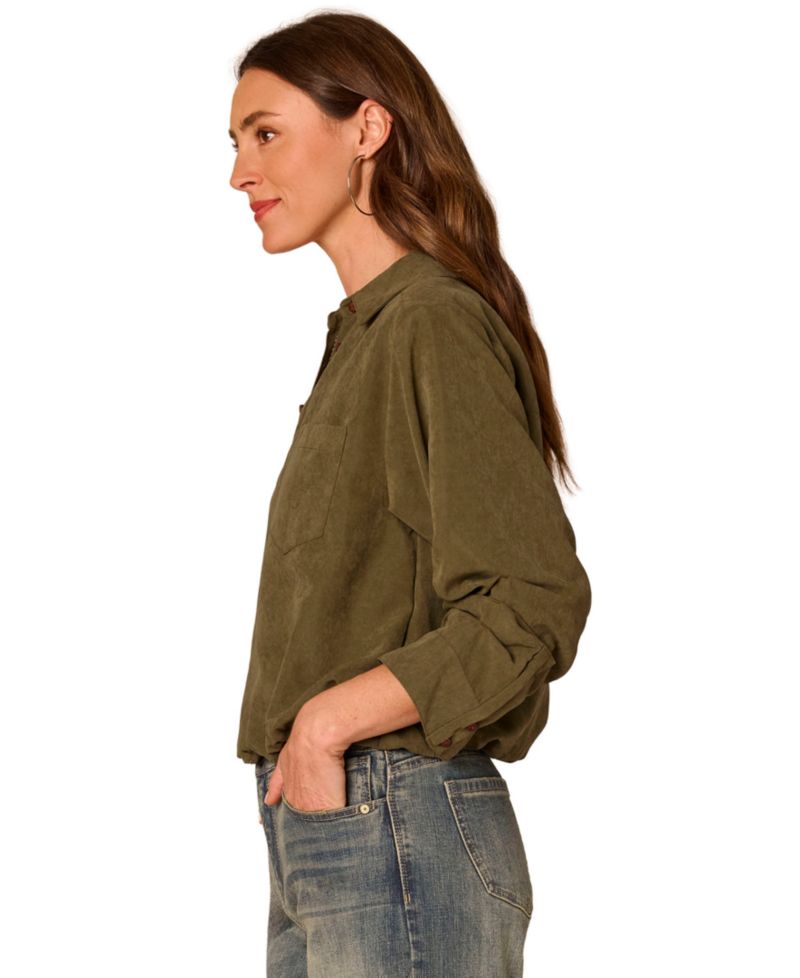 Petite Ruched-Sleeve Bubble-Hem Shirt