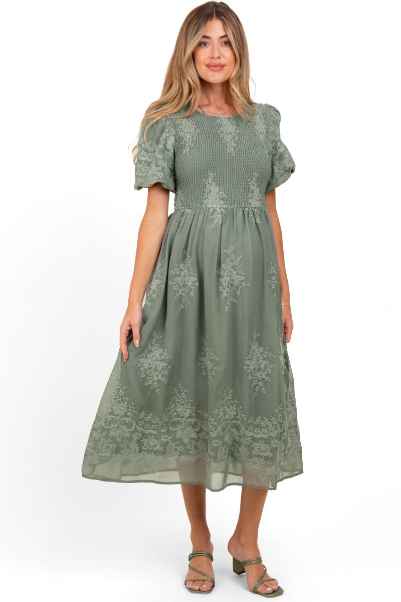 Women's Light Olive Floral Lace Smocked Midi Dress