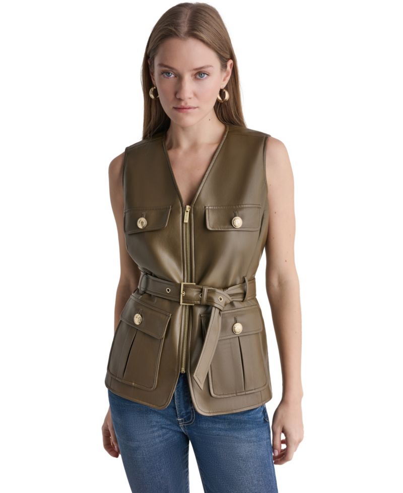 Women's Faux Leather Belted Sleeveless Vest