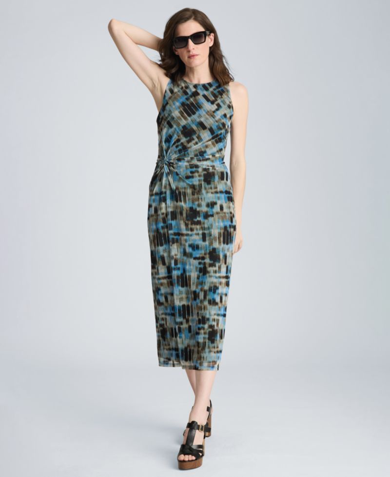 Women's Twist Front Mesh Printed Midi Dress