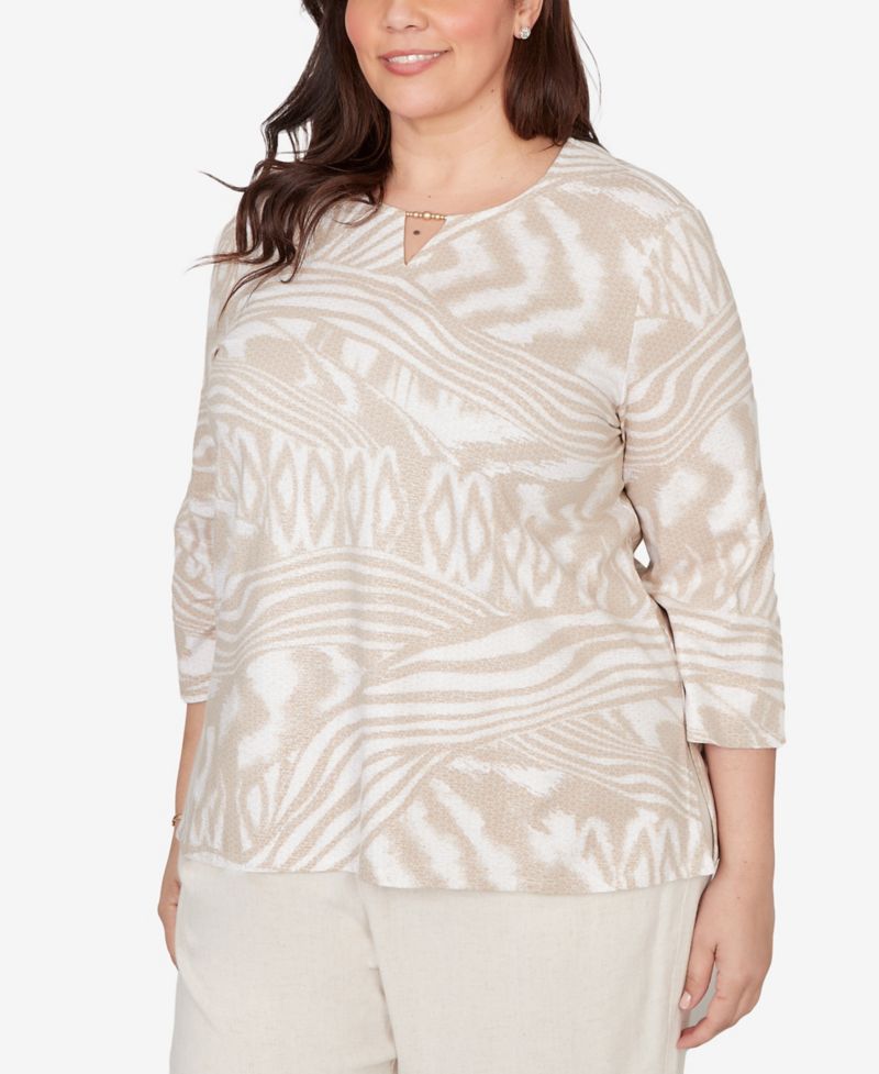 Plus Size Natural Wonder Animal Print Split Neck Beaded Top