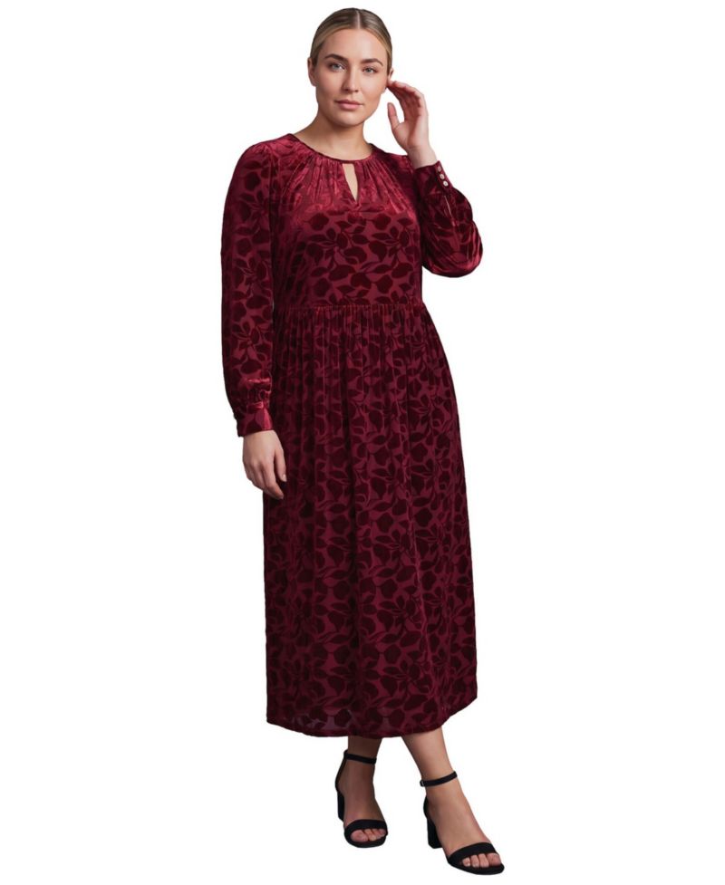 Plus Size Velvet Burnout Keyhole Blouson-Sleeve Dress