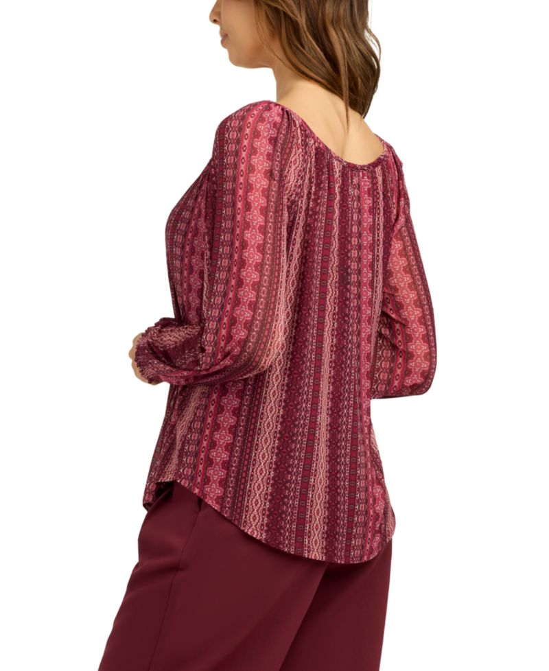 Juniors' Printed Mesh Smocked-Sleeve Peasant Top