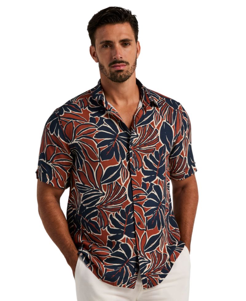 Men's Tropical Print Point Collar Short-Sleeve Button-Up Shirt