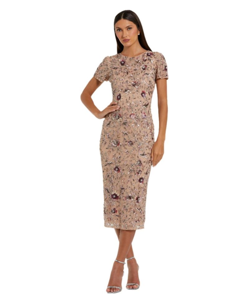 Women's Floral Embellished Short Sleeve Midi Dress