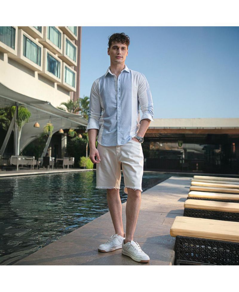 Men's Powder Blue & Daisy White Panel-Tactile Shirt