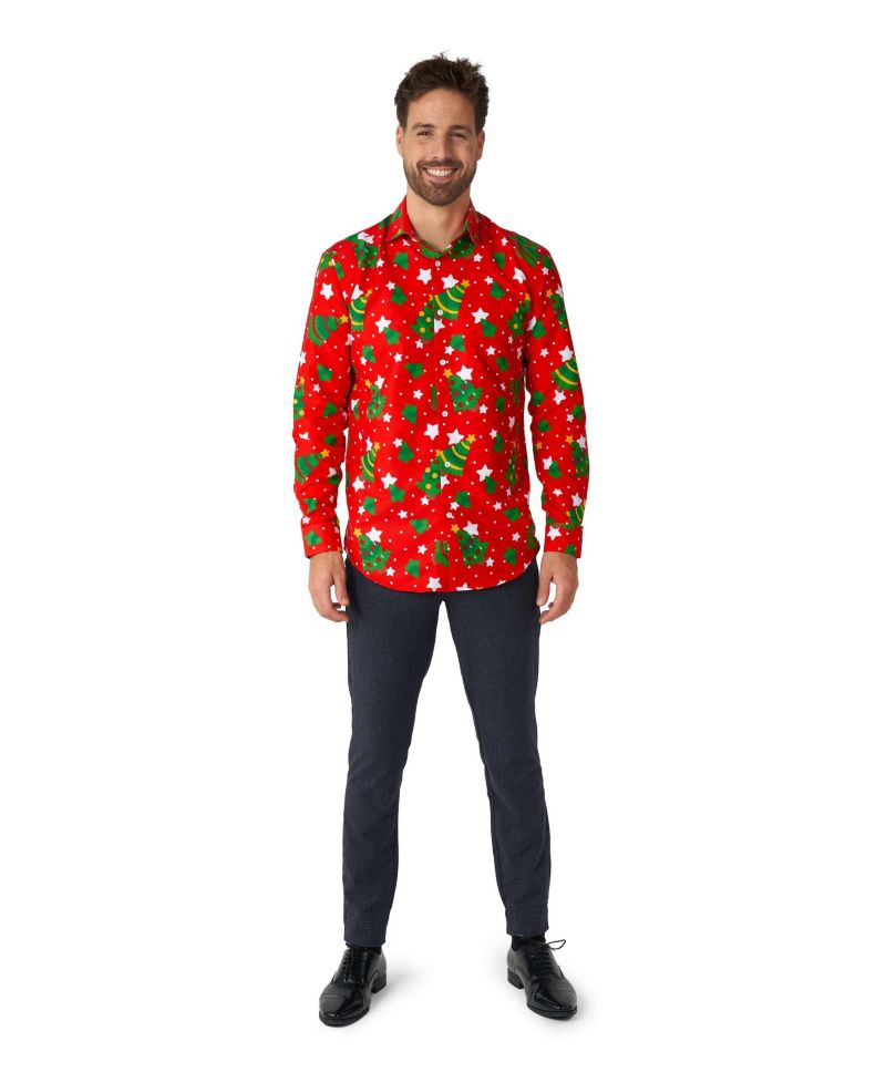 Men's Christmas Dress Shirt - Festive X- Mas Outfit Slim Fit Green - Long sleeve