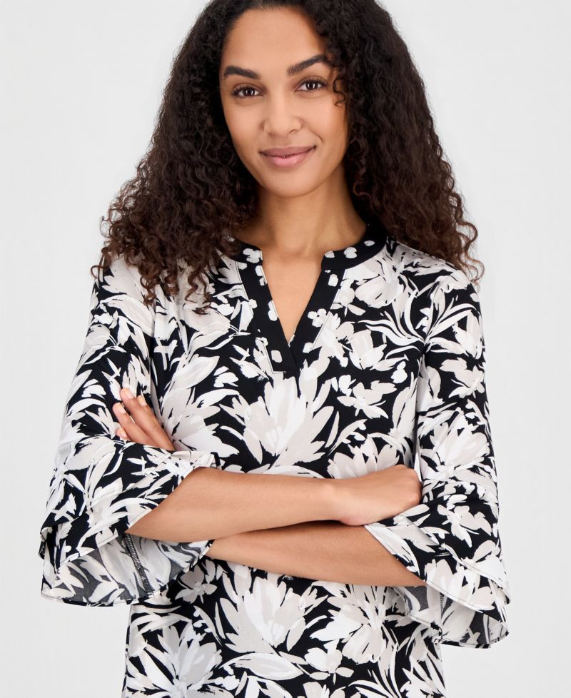 Women's Printed V-Neck Elbow-Sleeve Top, Regular & Petite