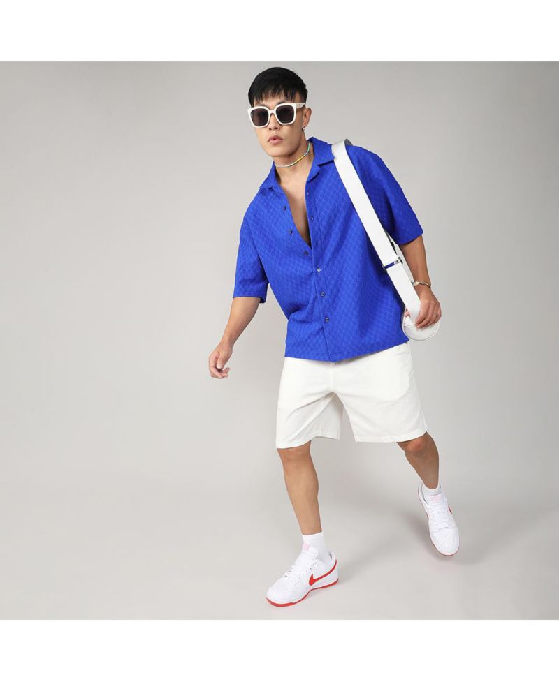 Men's Royal Blue Textured Geometric Oversized Shirt