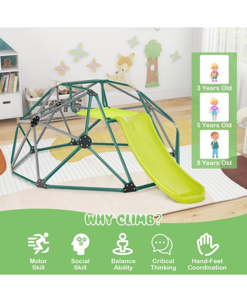 8FT Climbing Dome w/ Slide Outdoor Kids Jungle Gym Dome Climber Green and Gray