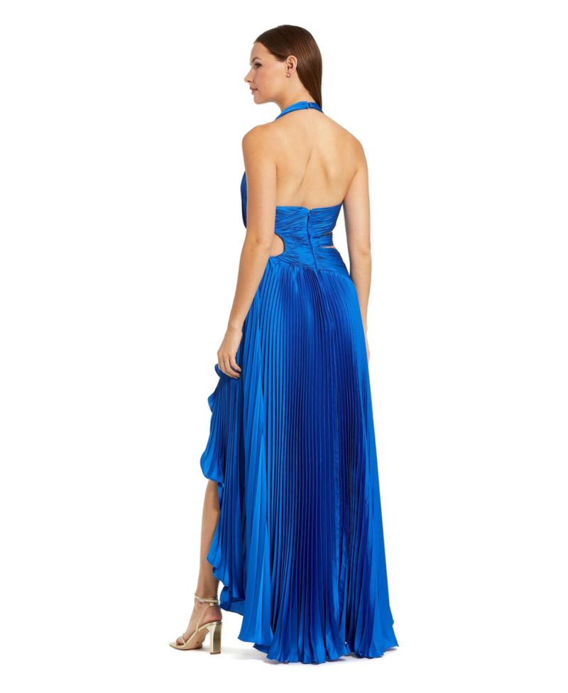 Women's Halter Neck Pleated Charmeuse Cut Out Gown