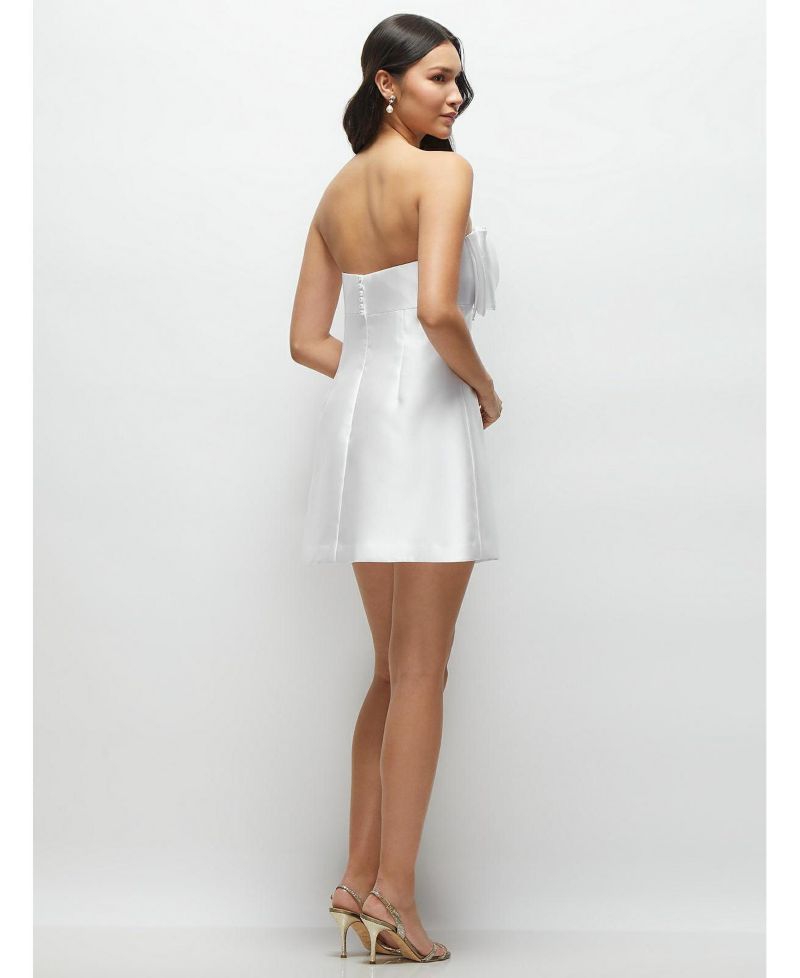Women's Oversized Bow Strapless Little White Mini Dress with Pearl Accents