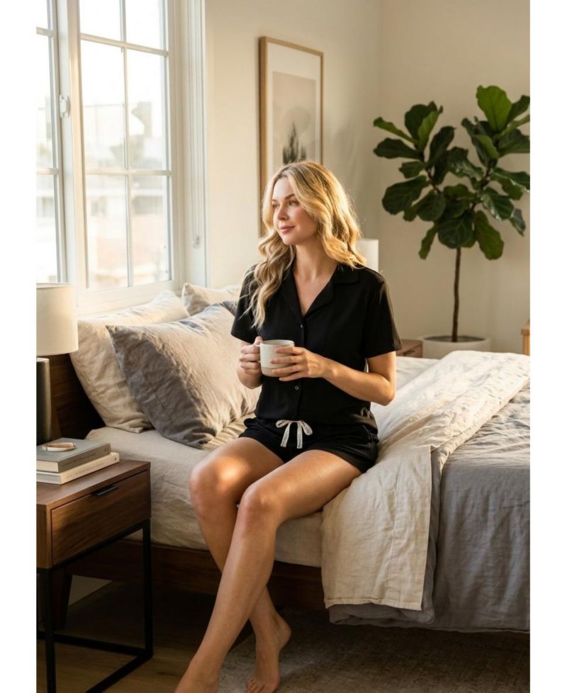 Women's Yummy Ribbed Jersey-Knit Notch Collar Button-Up Top and Shorts Pajama Set