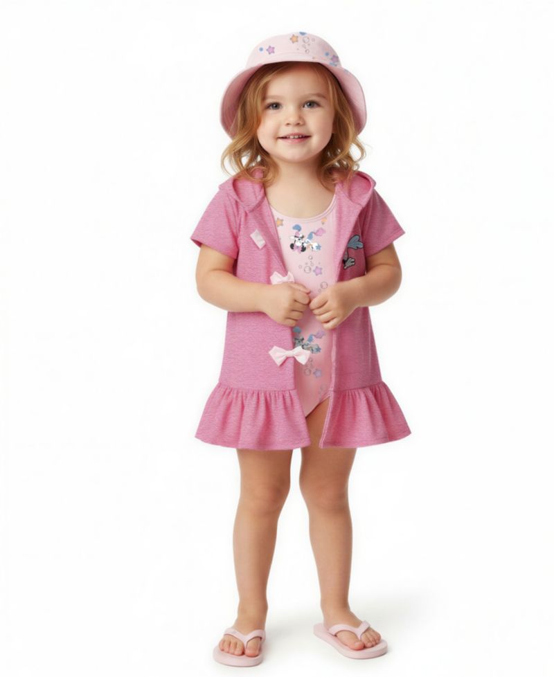 Baby Girls' Minnie Short-Sleeve Cover-Up, Swimsuit and Bucket Hat, 3-Piece Set