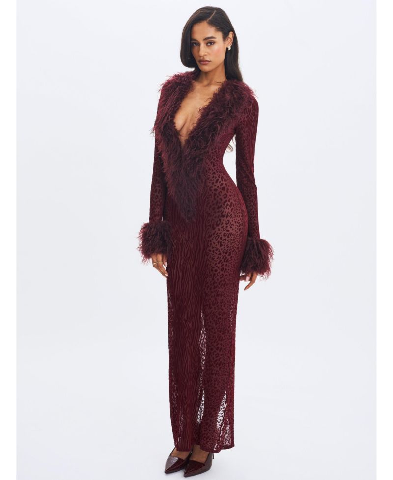 Women's Luana Burgundy Plunging Fur Trimmed Crochet Maxi Dress