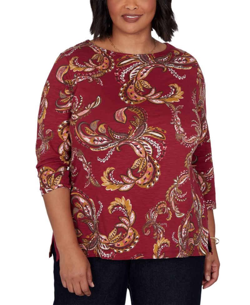 Plus Size Paisley 3/4-Sleeve Boat-Neck T-Shirt