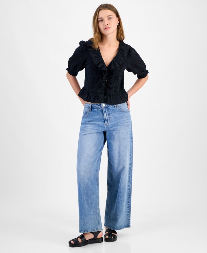 Petite Ruffled-Front Clip-Dot Cotton Top