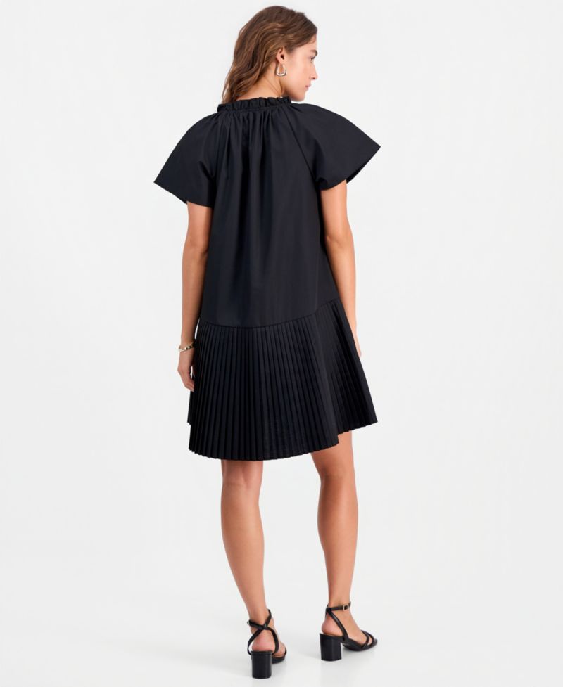 Petite Puff-Sleeve Short-Sleeve Pleat-Hem Dress