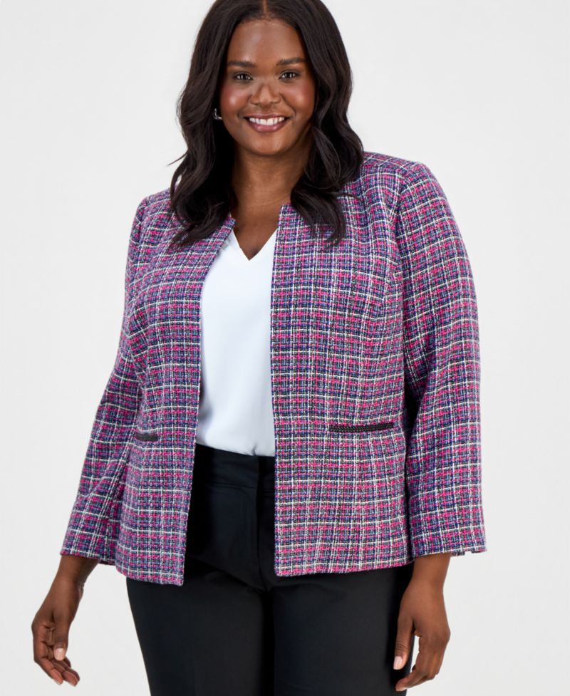 Plus Size Tweed Open-Front Long-Sleeve Jacket