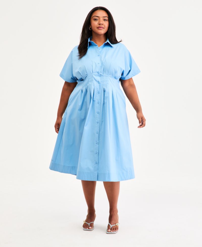 Trendy Plus Size Pinstriped Pleated-Waist Midi Shirtdress