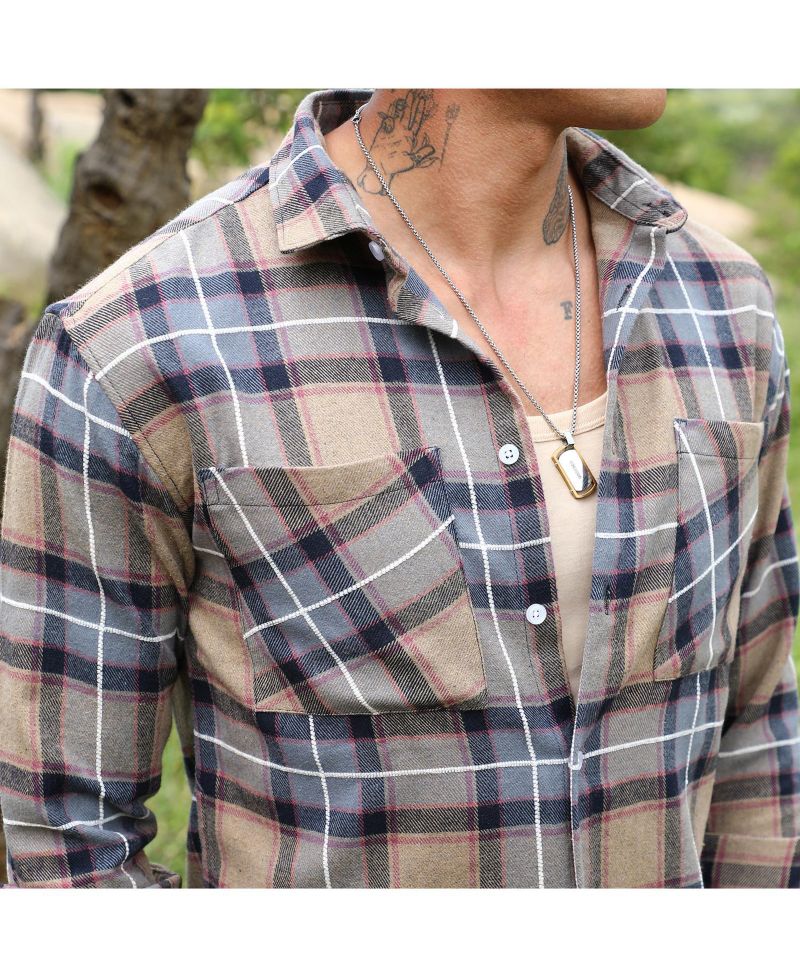 Men's Icy Blue & Saltbox Beige Tartan Plaid Utility Shirt