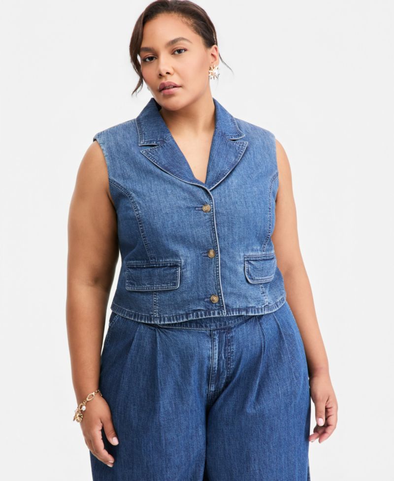 Trendy Plus Size Notched-Collar Button-Front Denim Vest