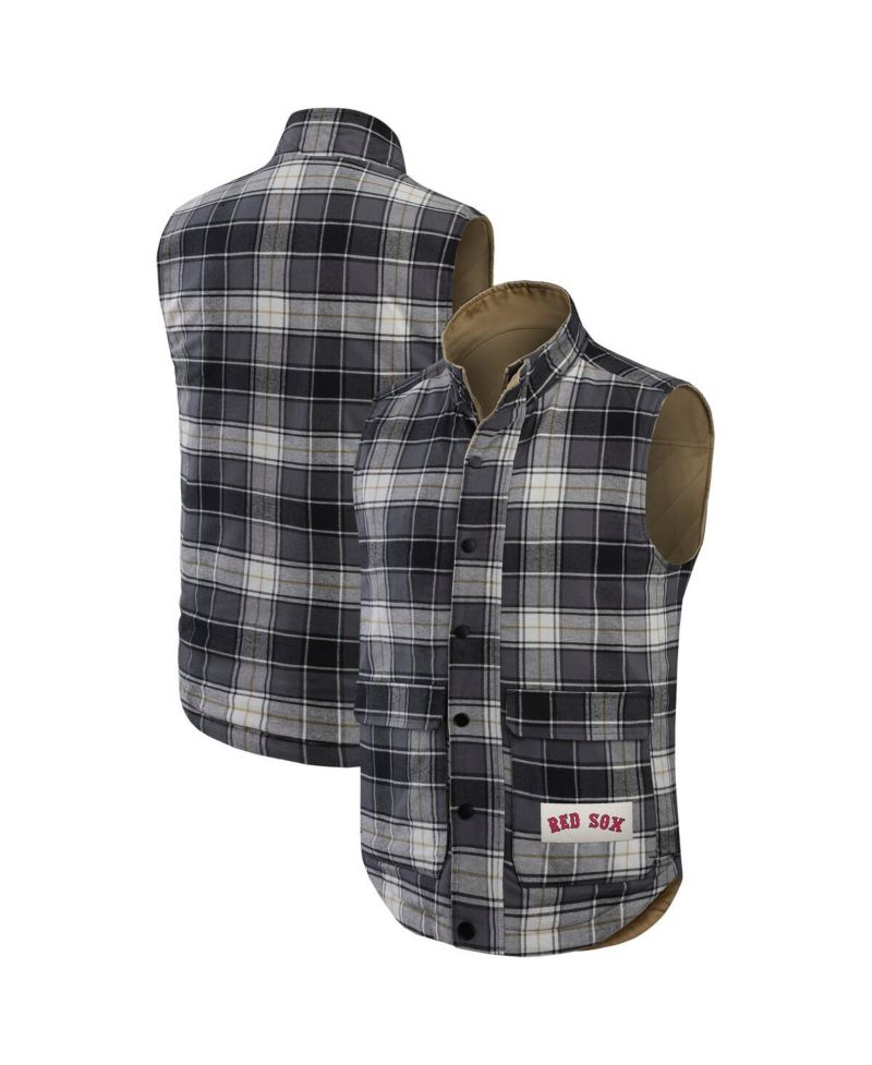 Darius Rucker Collection by Men's Tan/Charcoal Boston Red Sox Reversible Canvas Plaid Patch Full-Zip Vest