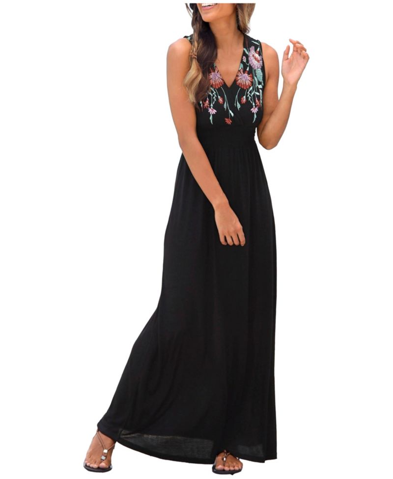 Women's Viscose Floral Print Embroidered Column V-Neck Maxi Dress