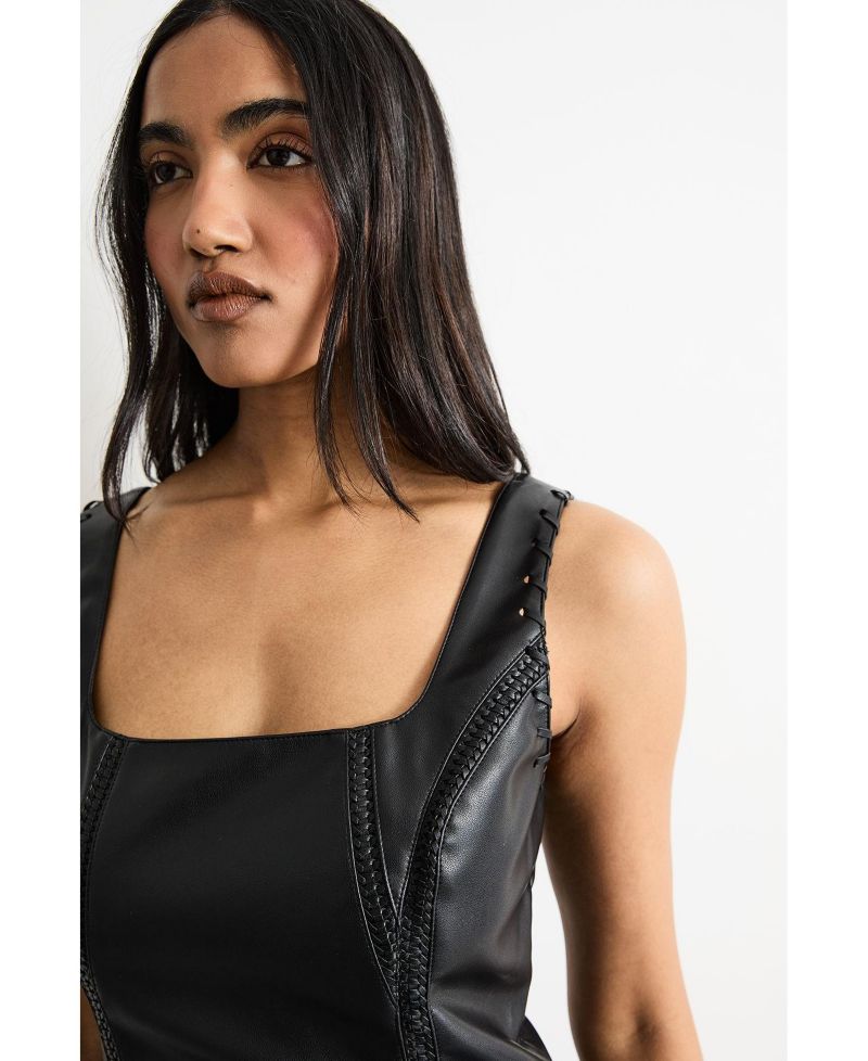 Women's Faux Leather Whipstitch Trim Midi Dress