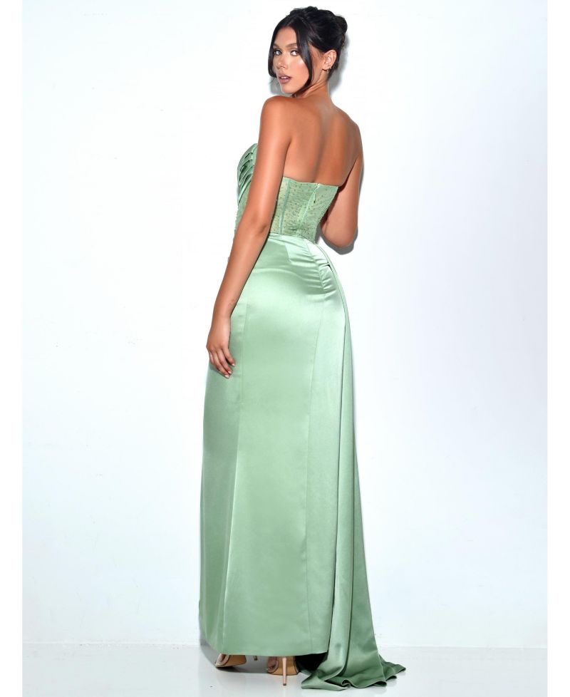 Women Holly Basil Crystallized Corset High Slit Satin Gown