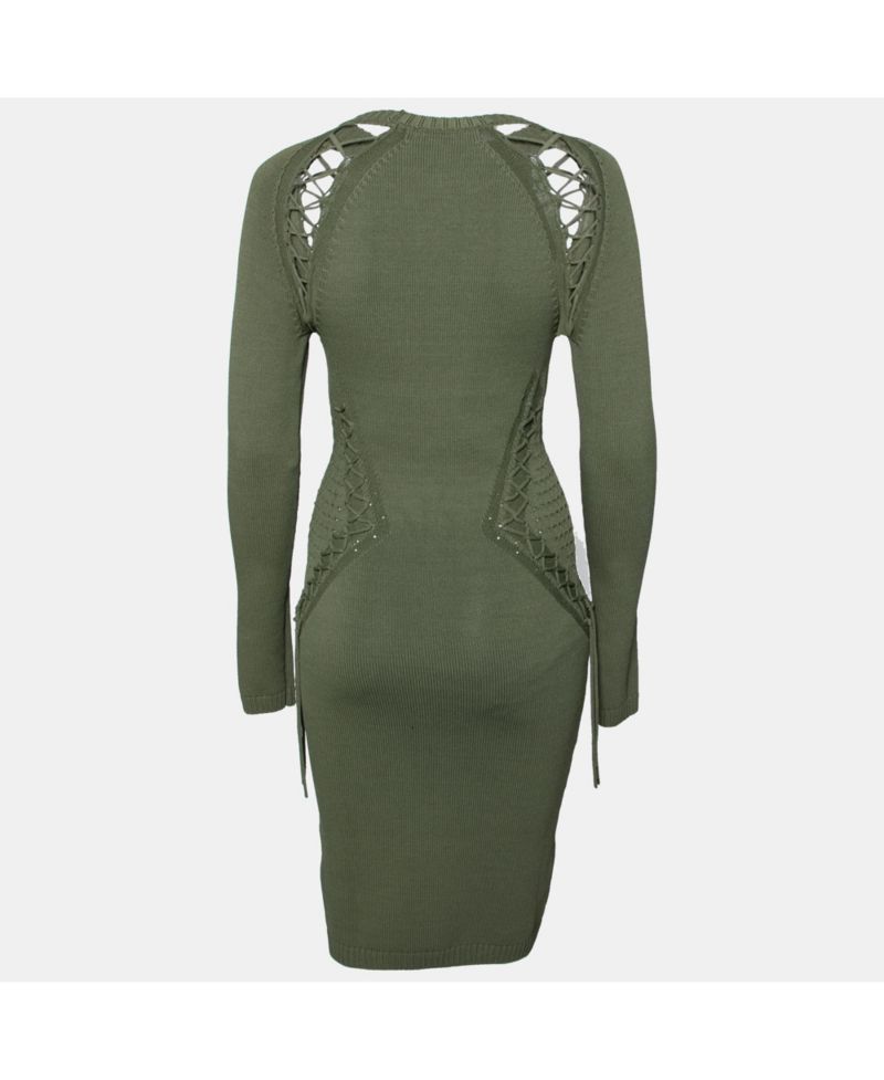 Women's Knitted Cut-Out Lace Up Detail Bodycon Dress