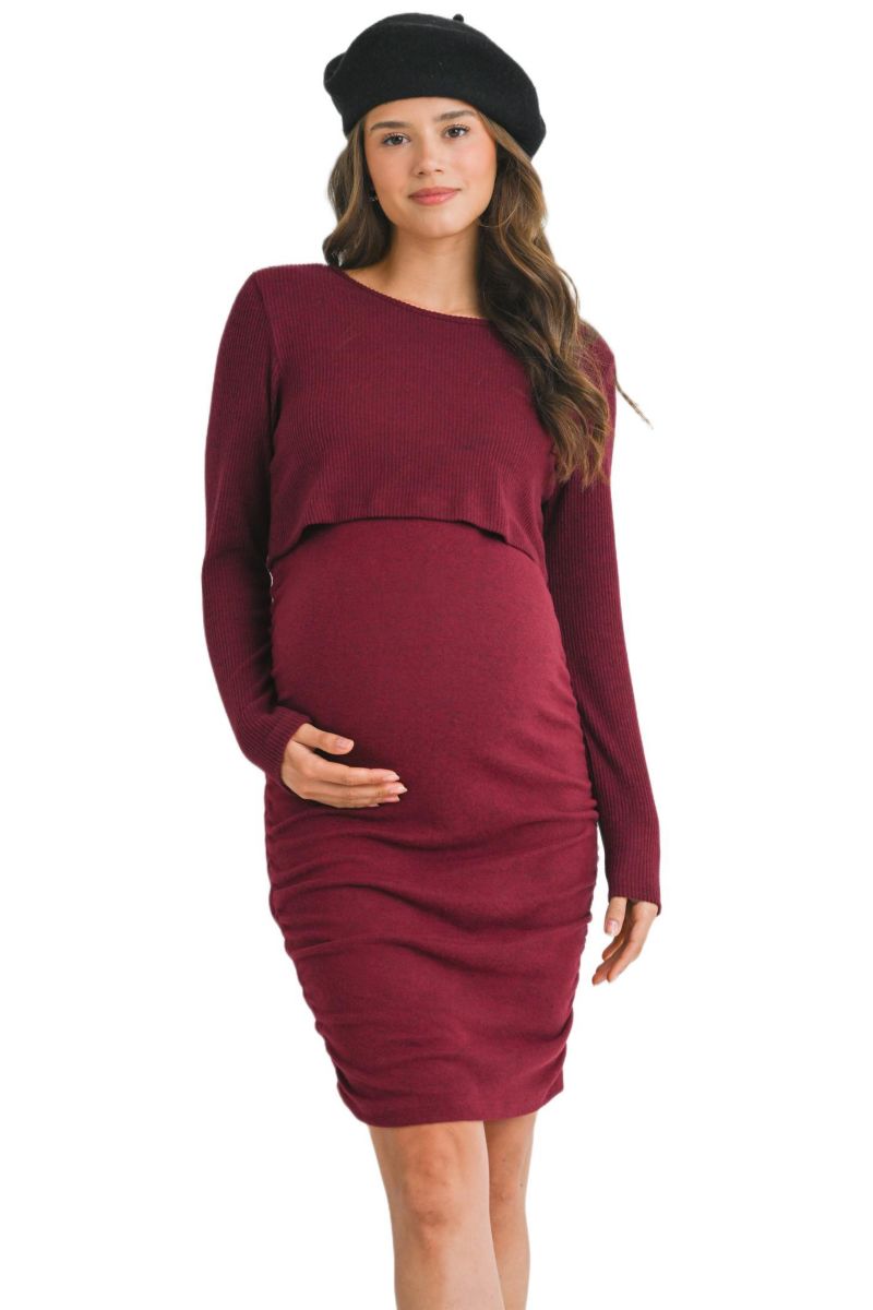 Women's Long Sleeve Ribbed Side Ruched Nursing Dress