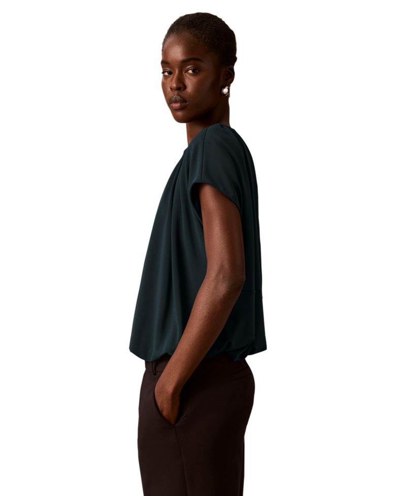 petite Shirred Extended-Shoulder Short-Sleeve Blouse