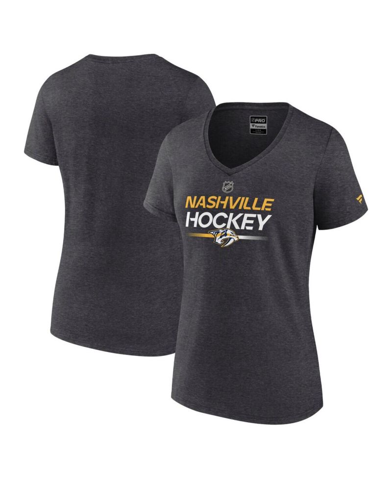 Women's Heather Charcoal Nashville Predators Authentic Pro Primary V-Neck T-Shirt