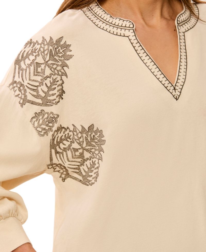 Women's Paisley Park Floral-Embroidery 3/4-Raglan-Sleeve Notch-Neck Blouse