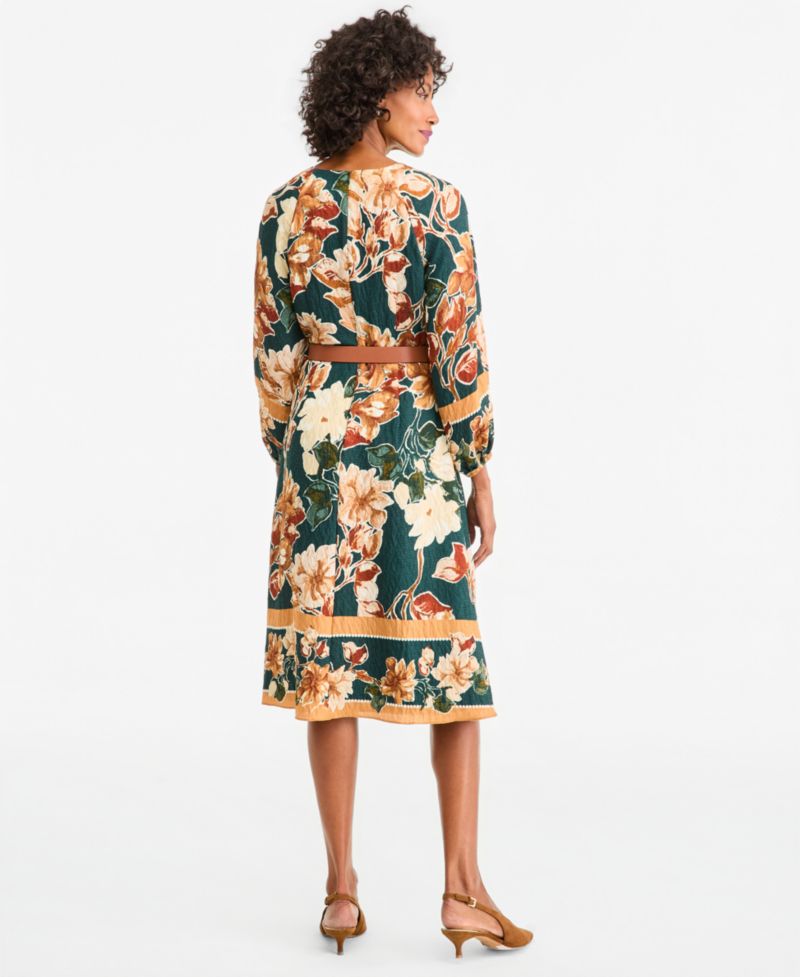 Women's Long-Sleeve Floral A-Line Midi Dress