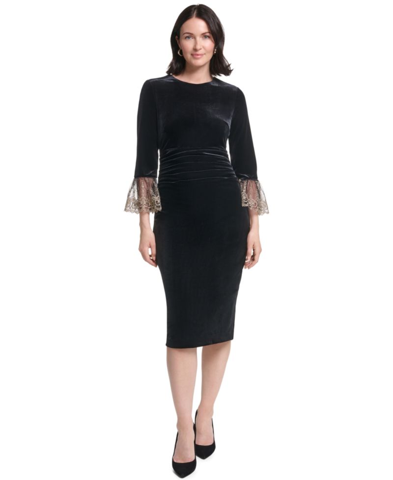 Petite 3/4-Sleeve Ruched Waist Stretch Velvet Sheath Dress