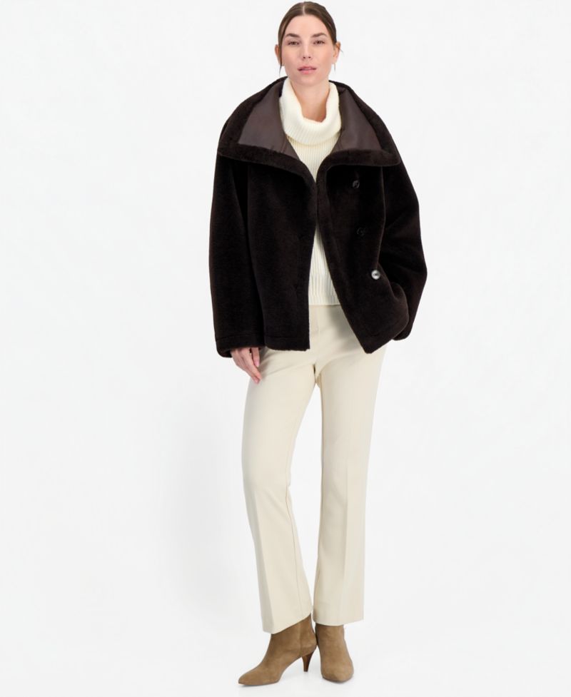 Petite Funnel Neck Button-Front Faux Fur Jacket, Created for Macy's