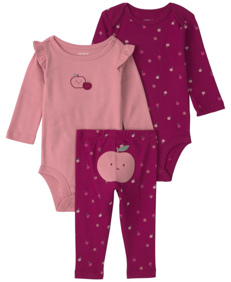 Baby Girls' Apple Long-Sleeve Bodysuits and Pants, 3-Piece Set