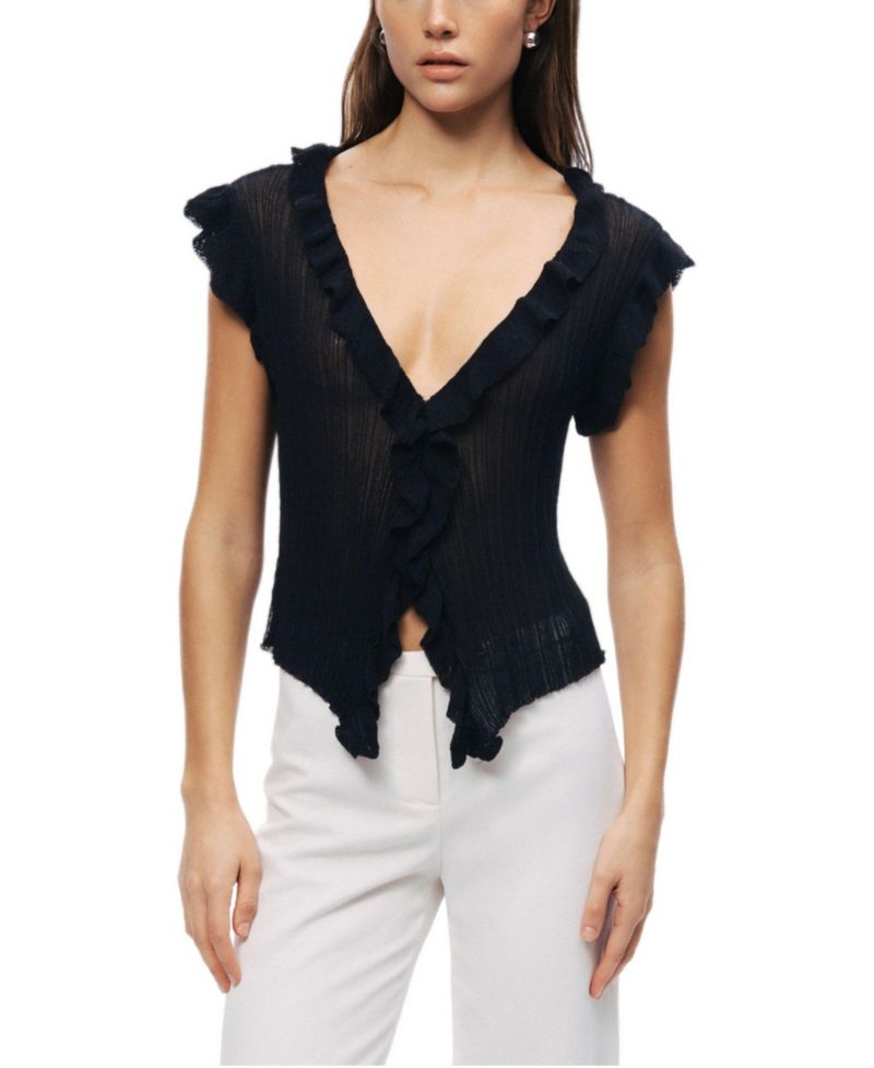 Women's Ruffled V-Neck Sheer Blouse