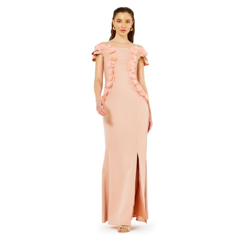 Women's Lace Cutout Floral Embellished Off-The-Shoulder Crepe Gown