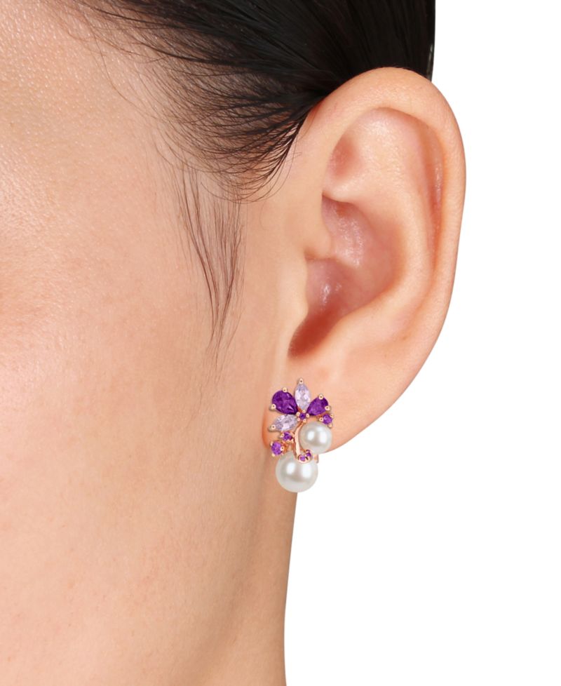 Colored Cultured Freshwater Pearl (6 & 8mm) & Multi-Gemstone (2-5/8 ct. t.w.) Cluster Earrings in 18k Rose Gold Flash-Plated Sterling Silver