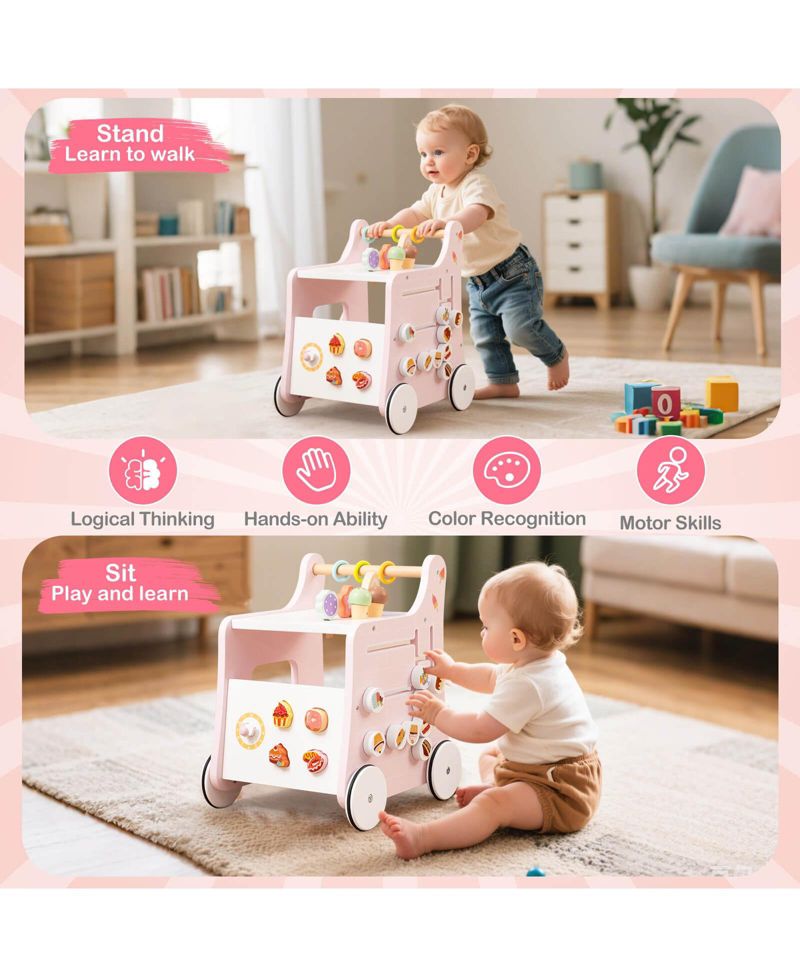 Wooden Baby Walker Ice Cream Cart Toy with Sweet Accessories & Smooth Wheels
