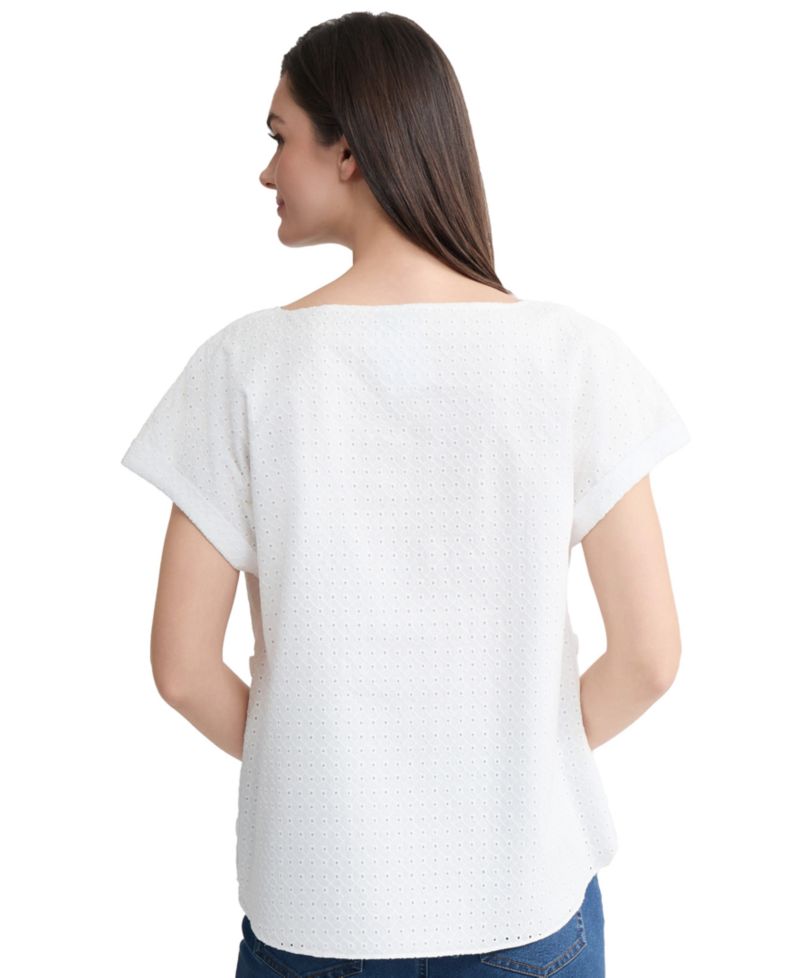 Women's Eyelet Boat Neck Button Detail Top