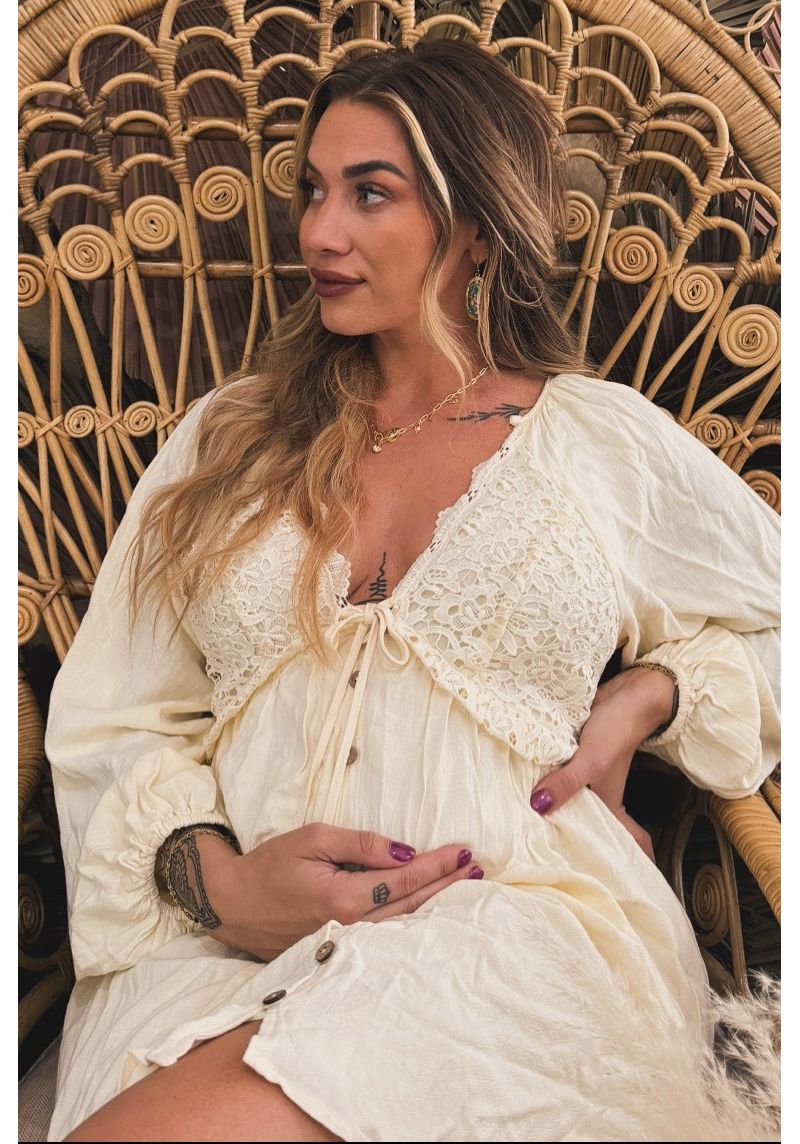 Women's Beige Crochet Lace Button Front Dress