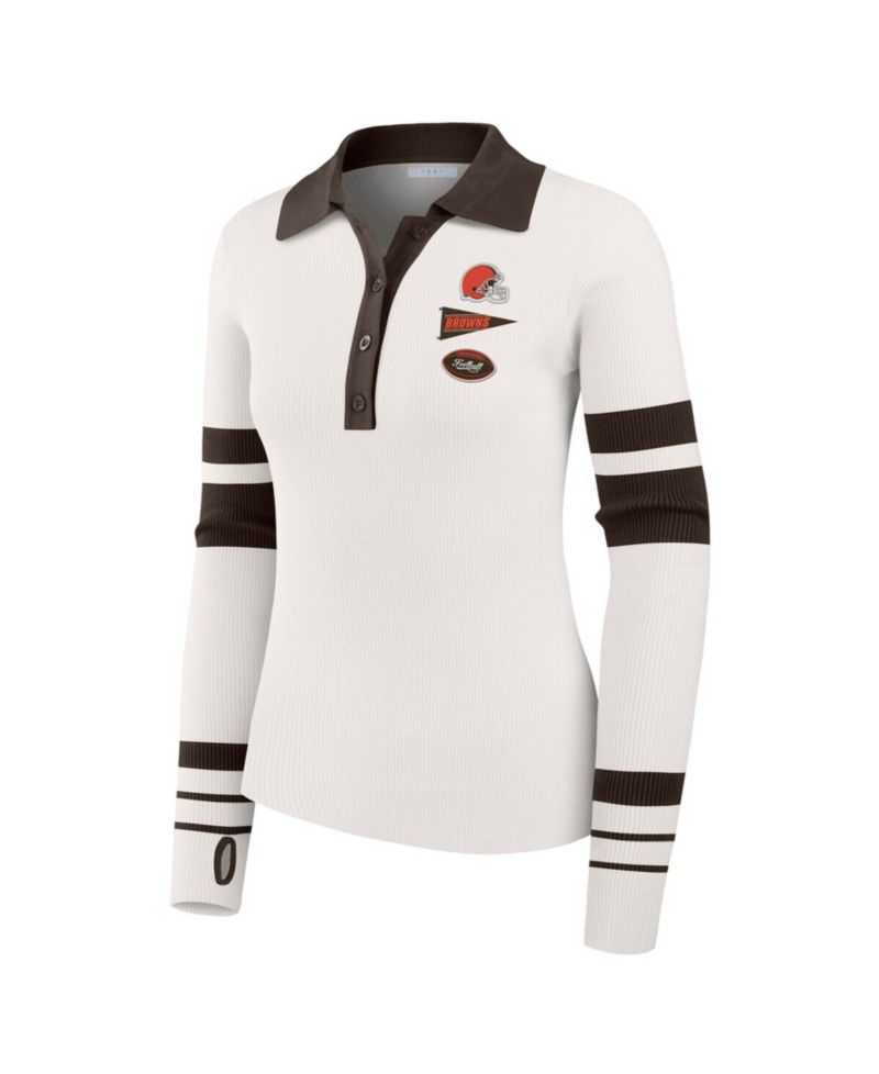Women's White Cleveland Browns Ribbed Henley Polo Sweater