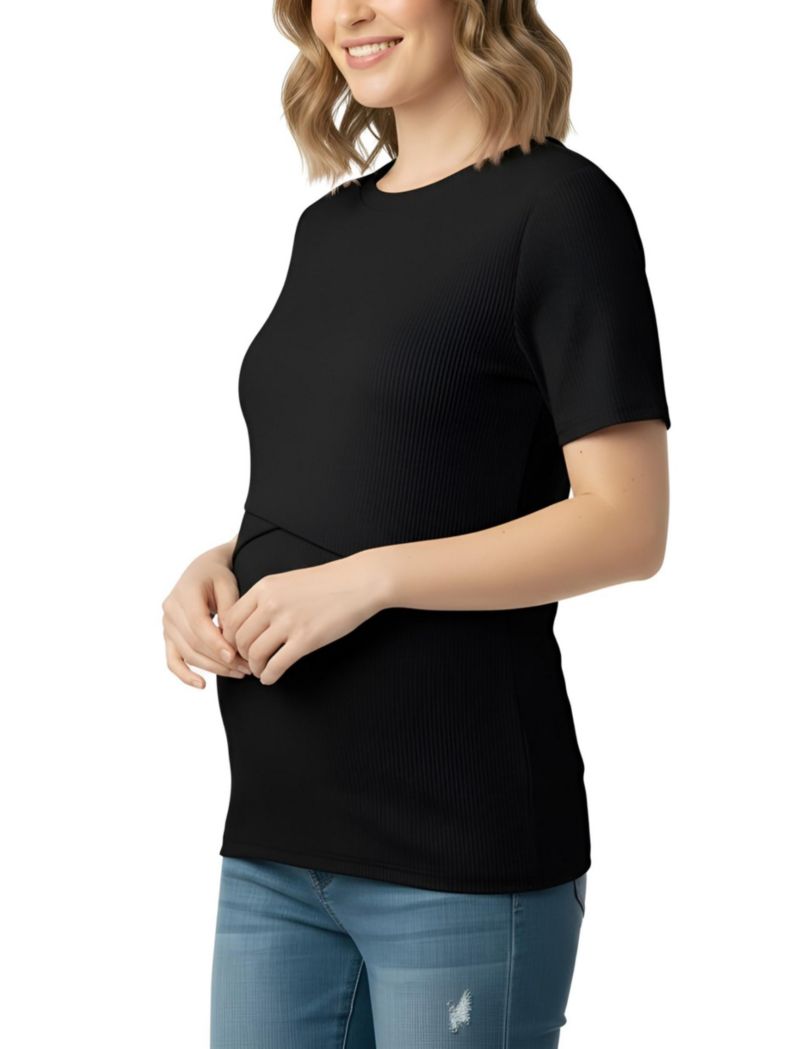Women's Motherhood Crew Neck Cross Over Nursing Short Sleeve Top