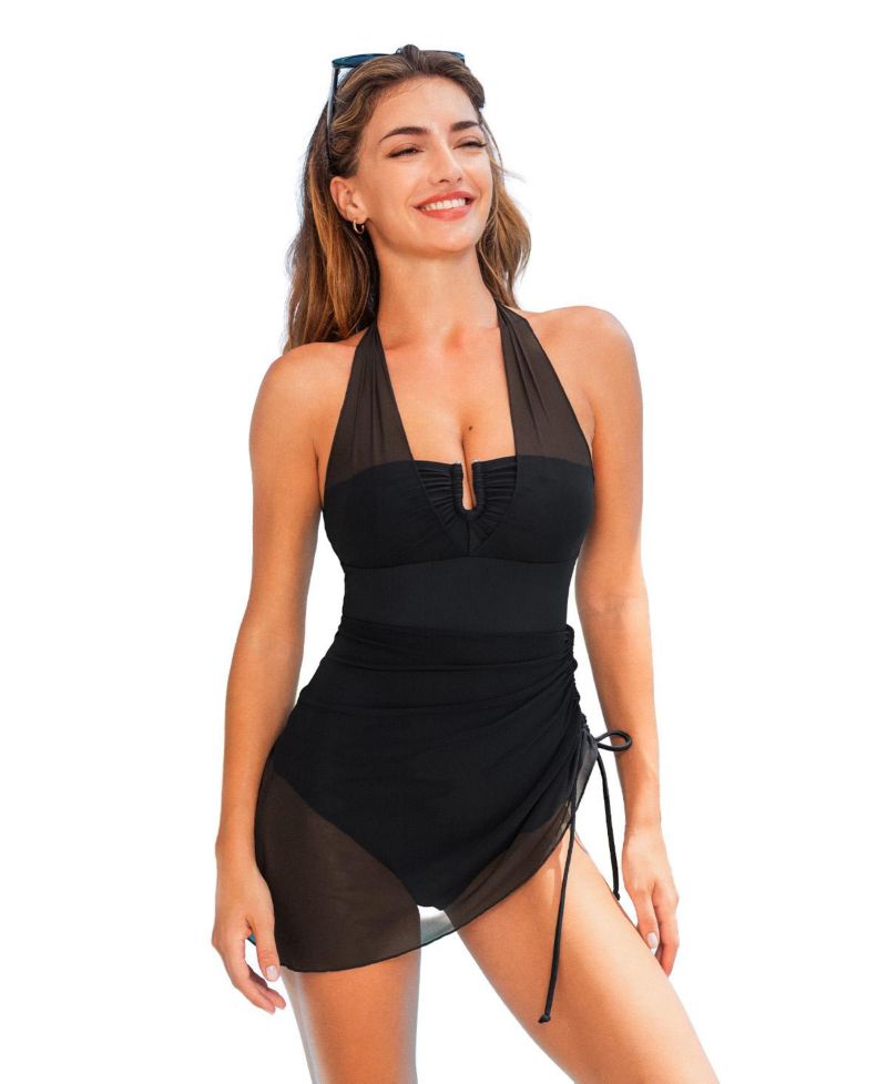Women's U-Wire Neck Halter Drawstring Mesh One Piece Swim Dress