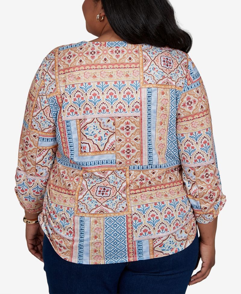 Plus Size 3/4-Sleeve Patchwork-Print Blouse